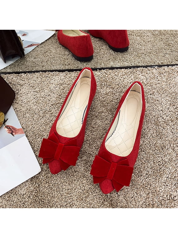 Women's Bow Flat Flats, Bow Design Candy Colors Spring Style Shallow Mouth Shoes Red