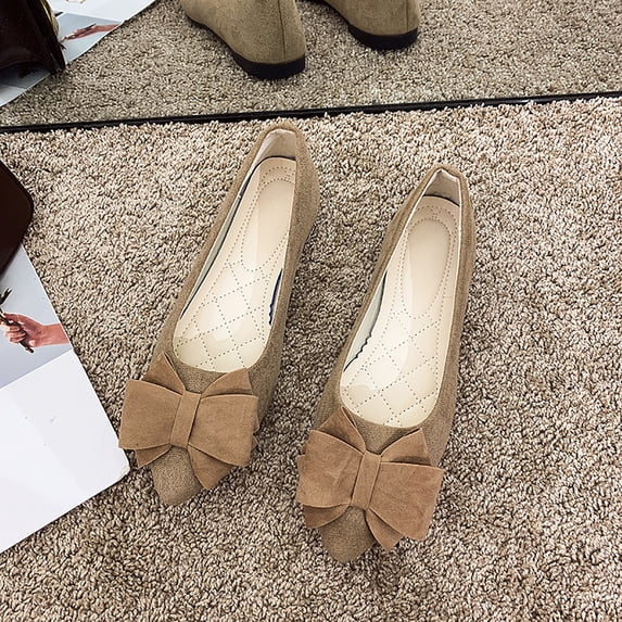 Crunowin Women's Bow Flat Flats, Bow Design Spring Style Candy Colors Shallow Mouth Shoes Khaki
