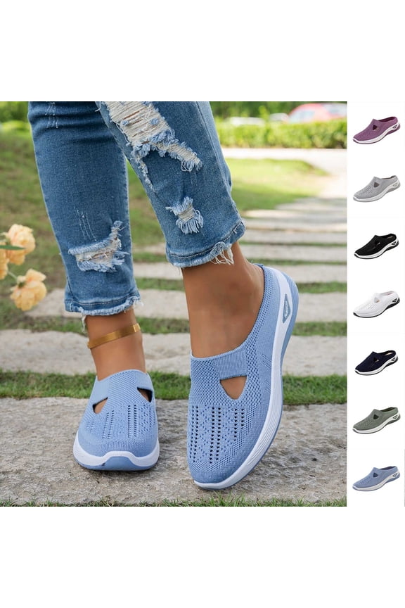 Women's Breathable Slippers, Closed Toe Mesh Soft Cushion Sole Spring Summer Big Size Half Slippers Light Blue 5.5