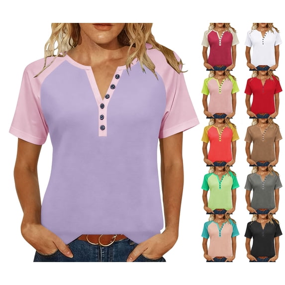 Crunowin Women's Buttoned V-neck Tops, Short-sleeve Raglan Sleeve Loose T-shirt Gray XL