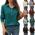 thumbnail image 1 of Crunowin Women's Casual Blouse Top, Button Knitted Ribbed Lapel Long Sleeved Shirt Army Green L, 1 of 6
