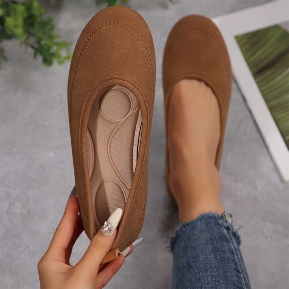 Crunowin Women's Casual Flats, Shallow Mouth Suede Finish Spring Comfort Shoes Brown 7.5