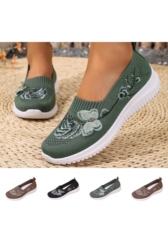Women's Casual Slip Ons, Lightweight Embroidery Pattern Breathable Upper Spring Summer Big Size Comfortable Flats Brown 5.5
