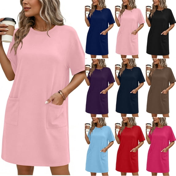 Crunowin Women's Casual Summer Dress, Round Neck Loose Short Sleeve T-shirts Dress with Functional Patch Pockets Brown L