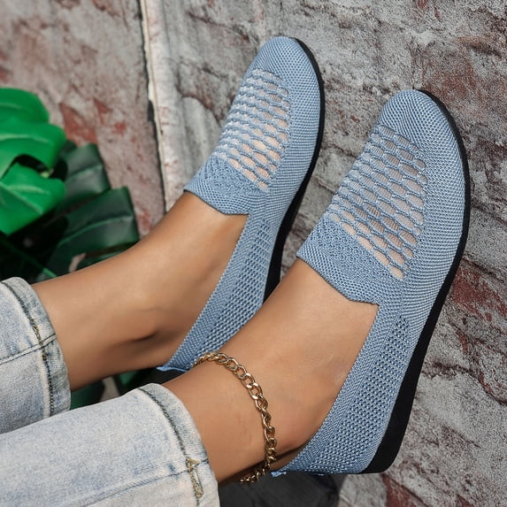 Crunowin Women's Casual Work Shoes Knitted Upper Round Toe Breathable Design Slip-On Soft Sole Low Cut Shoes Light Blue Size8.5