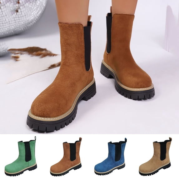 Crunowin Women's Chelsea Boots, Suede Chunky Heel British Round Toe Winter Fashion Shoes Army Green 5.5
