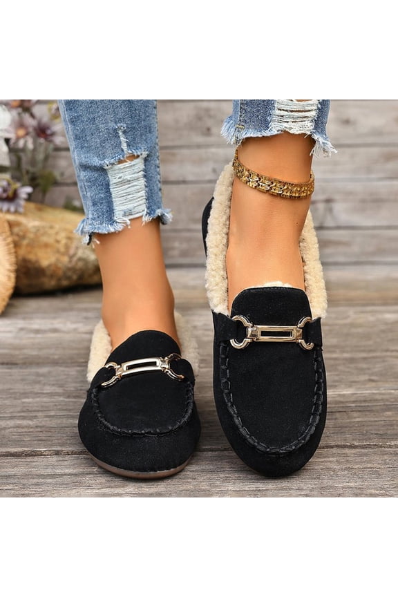 Women's Cold Weather Flats Winter Design Fleece Lining Round Toe Slip-On Warm Shoes Black Size5.5