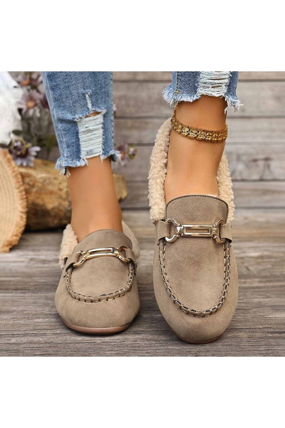 Women's Cold Weather Flats Winter Design Fleece Lining Round Toe Slip-On Warm Shoes Khaki Size7.5