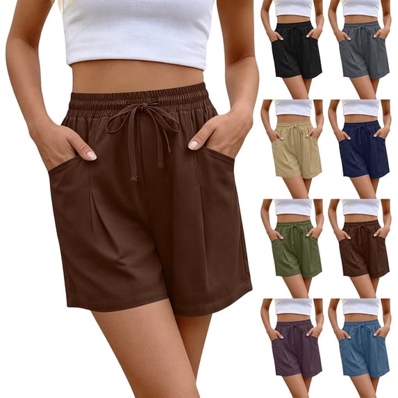 Crunowin Women’s Cotton Blend Casual Shorts Breathable Comfortable Shorts with Adjustable Drawstring and Functional Side Pockets Brown Size M