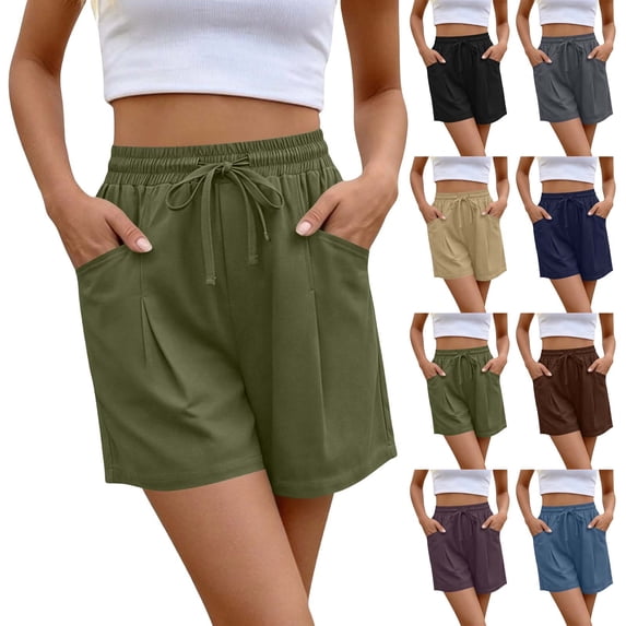 Crunowin Women’s Cotton Blend Casual Shorts Breathable Comfortable Shorts with Adjustable Drawstring and Functional Side Pockets Green Size L