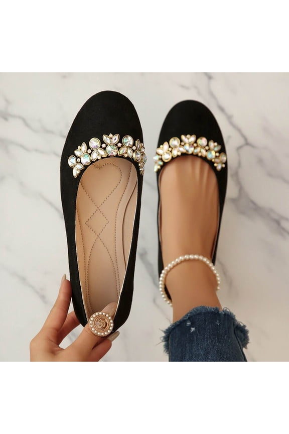 Women's Covered Heel Flats, Rhinestone Accent Shallow-Toe Pearl Trim Chic Comfortable Loafers Black