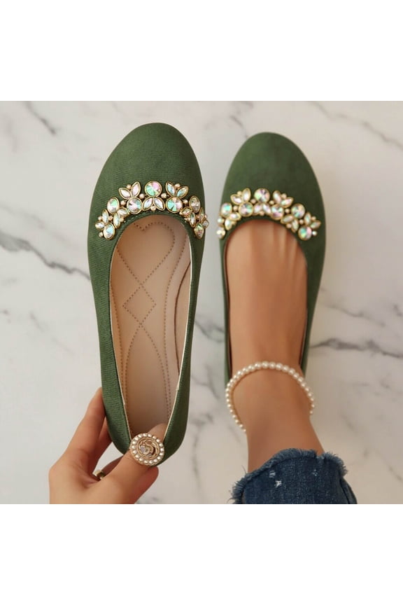 Women's Covered Heel Flats, Shallow-Toe Rhinestone Accent Pearl Trim Chic Comfortable Loafers Green