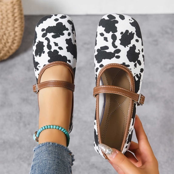 Crunowin Women's Cow Print Flats, Buckle Closure Lightweight Soft Sole Comfort Shoes Black 5.5