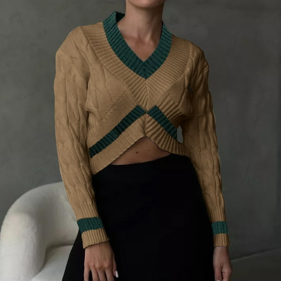 Crunowin Women's Cropped Sweater, Solid Color V Neck Long Sleeve Loose Fit Comfort Wear Casual Pullover Tops Coffee L