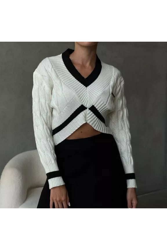 Women's Cropped Sweater, Solid Color V Neck Loose Fit Comfort Wear Long Sleeve Casual Pullover Tops White L