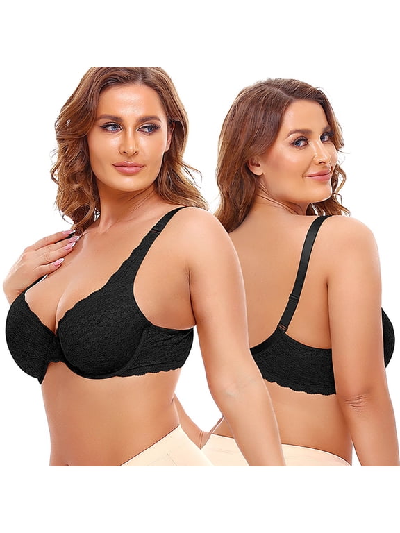 Women's Detachable Plus Size Bra, Printed Lace Underwire Shoulder Straps Breathable Comfort Everyday Underwear Black 80C