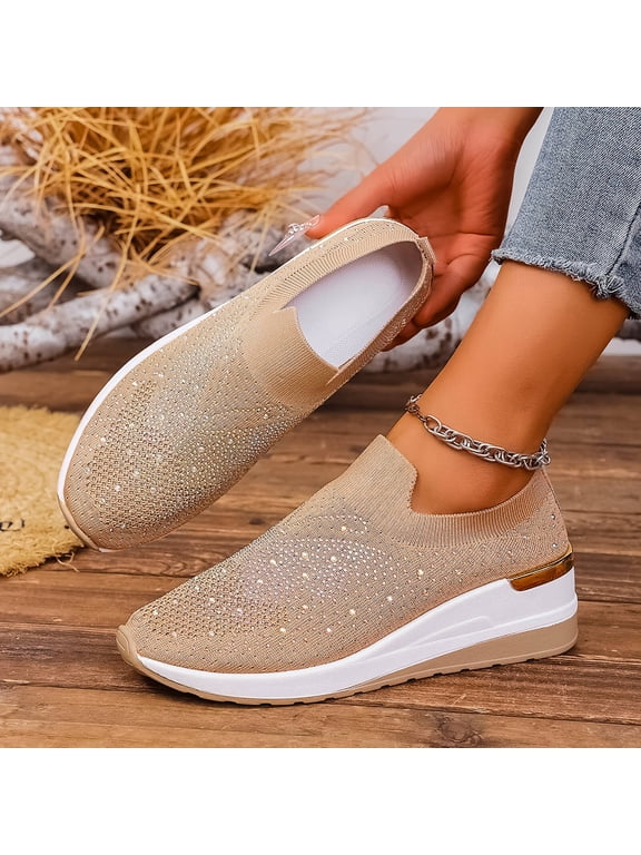 Women's Diamond Wedge Shoes, Fashion Casual Rhinestone Decor Fly Knit Design Lightweight Beach Footwear Khaki 9