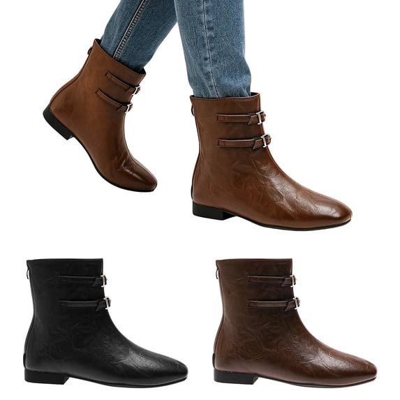 Crunowin Women's Double Buckle Low Heel Boots Mid-Calf Back Zipper Fall Winter Casual Shoes Brown Size 8