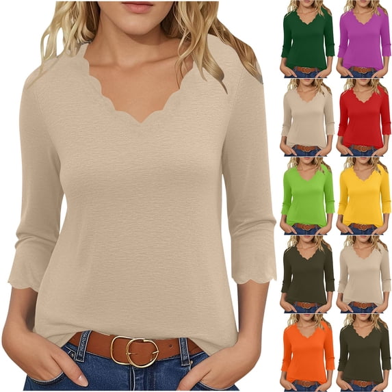Crunowin Women's Dressy Top, V-neck 3/4 Sleeve Casual Blouse Top Spring Fall Solid Undershirts Beige M