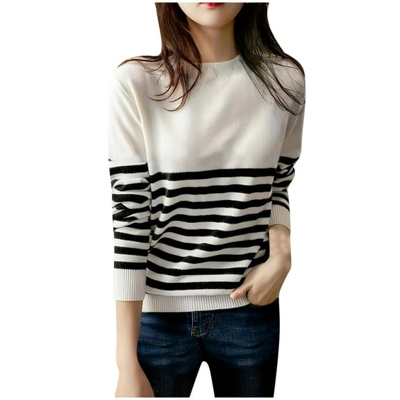 Crunowin Women's Fashion Striped Sweater, Contrast Color Round Neck Fashion Wear Long Sleeve Casual Pullover Tops White L