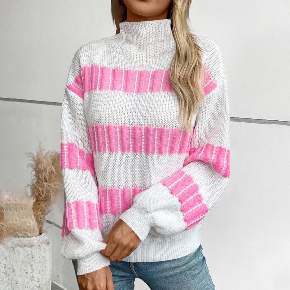Crunowin Women's Fashion Striped Sweater, Long Sleeve Fashion Wear Contrast Color Round Neck Casual Pullover Tops White L