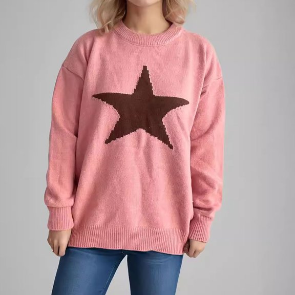 Crunowin Women's Fashion Sweater, Star Printed Crewneck Loose Fit Comfort Wear Long Sleeve Casual Pullover Tops Pink M