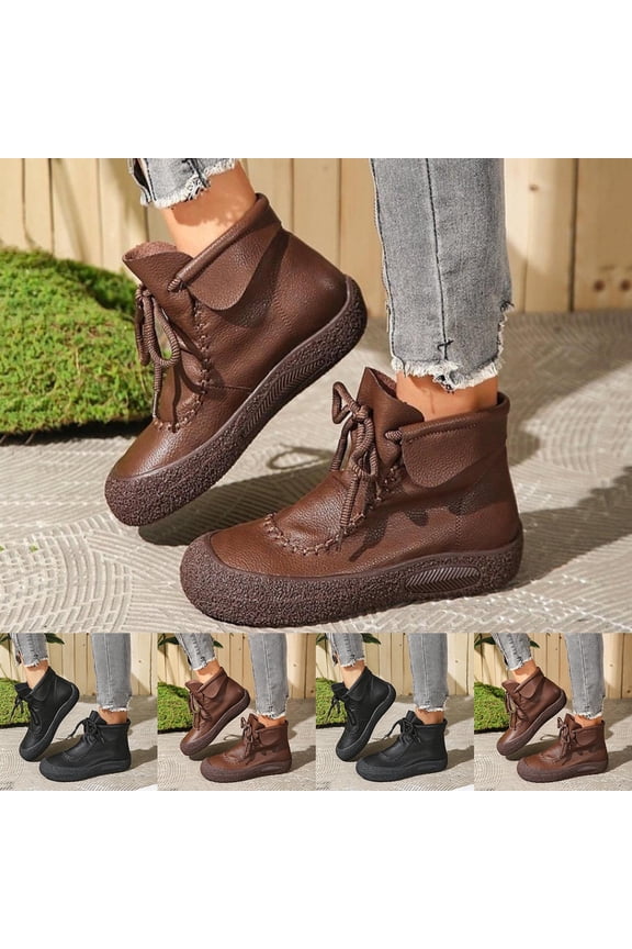 Women's Flat Boots, Soft Sole Spring Autumn Round Toe Lace-Up Everyday Shoes Coffee 7.5