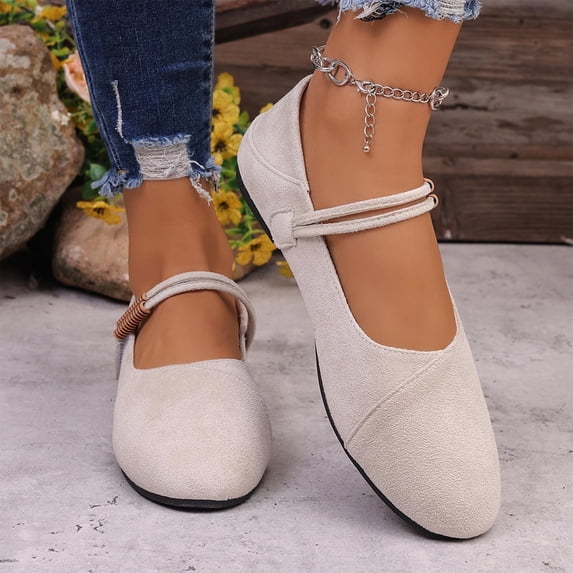 Crunowin Women's Flat Mary Janes French Retro Fairy Style Mary Jane Spring Casual Comfortable Shoes Beige Size5.5