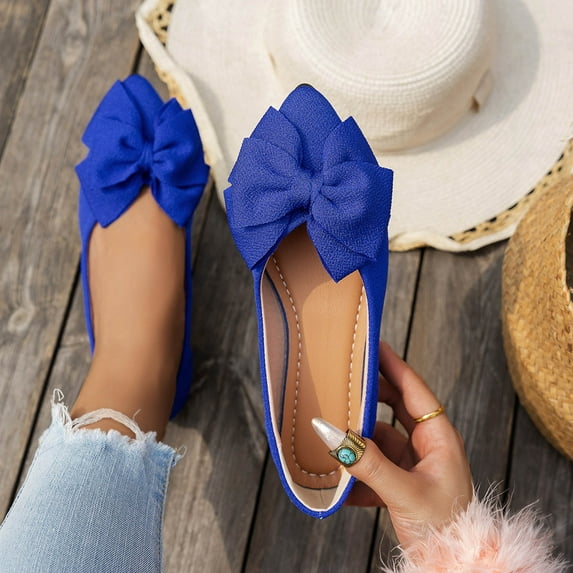 Crunowin Women's Flat Toe Shoes Bow Design Pointed Toe Slip-On Soft Sole Comfortable Shoes Blue Size7