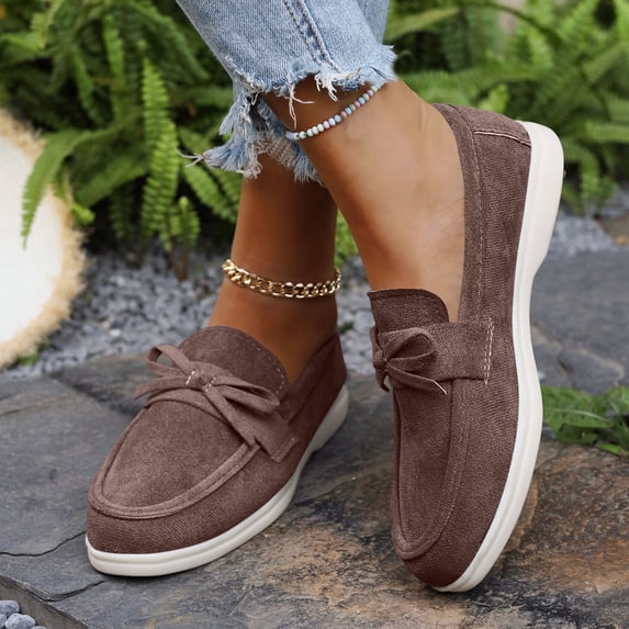 Crunowin Women's Flat Toe Shoes Bow Design Round Toe Retro Style Casual Slip-On Flats Brown Size7.5