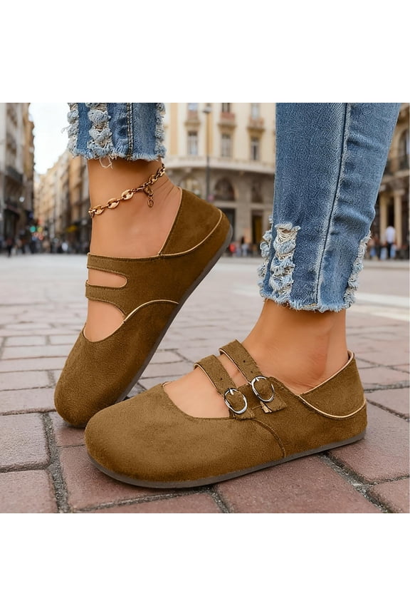 Women's Flat Toe Shoes Double Strap Round Toe Low Heel Slip-On Comfortable Flats Coffee Size5.5
