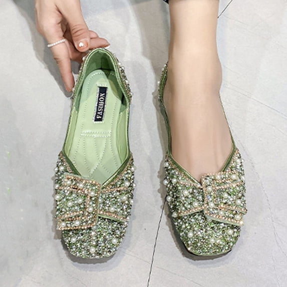 Crunowin Women's Flat Toe Shoes Rhinestone Bow Round Toe Slip-On Spring Summer Elegant Casual Shoes Green Size7.5