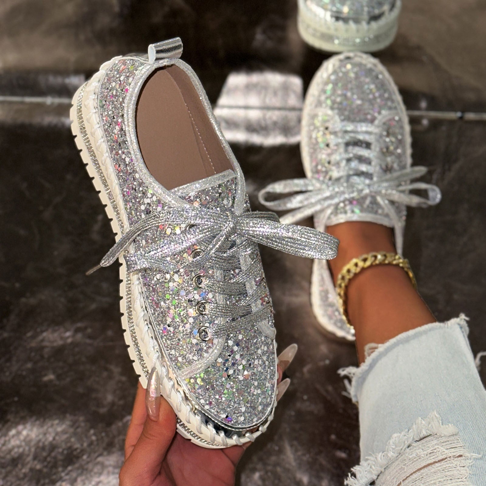 Crunowin Women's Flat Toe Shoes Solid Color Glitter Design Thick Sole ...