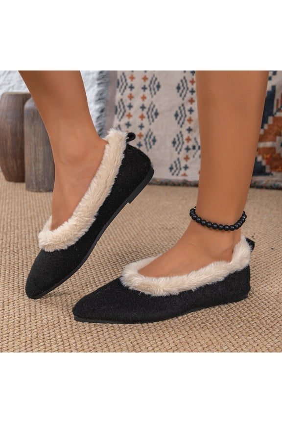 Women's Flat Winter Shoes Fleece Lined Pointed Toe Slip-On Warm Winter Cotton Shoes Black Size6.5