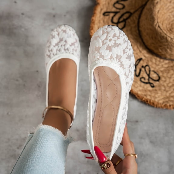 Crunowin Women's Flats, Bean Sole Casual Square Toe Lace Comfortable Shoes White 5.5