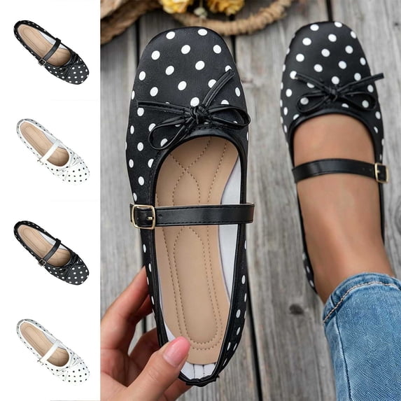 Crunowin Women's Flats, Bowknot Square Toe Polka Dots Shallow Toe Slip-On Comfortable Shoes White 7