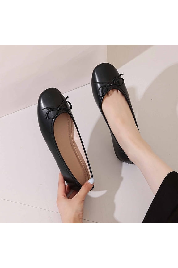 Women's French Style Shoes, Lightweight All Season Round Toe Design Bow Accent Casual Work Flat Shoes Black