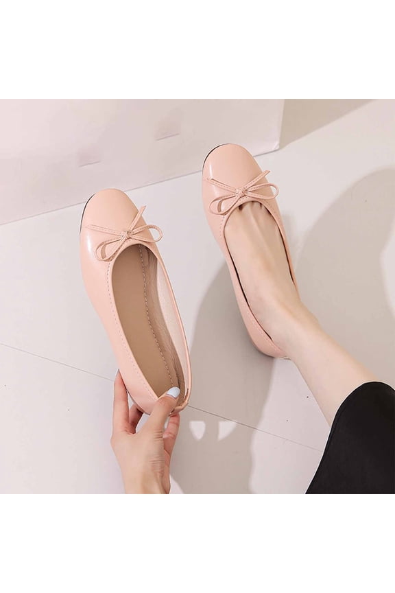 Women's French Style Shoes, Lightweight All Season Round Toe Design Bow Accent Casual Work Flat Shoes Pink