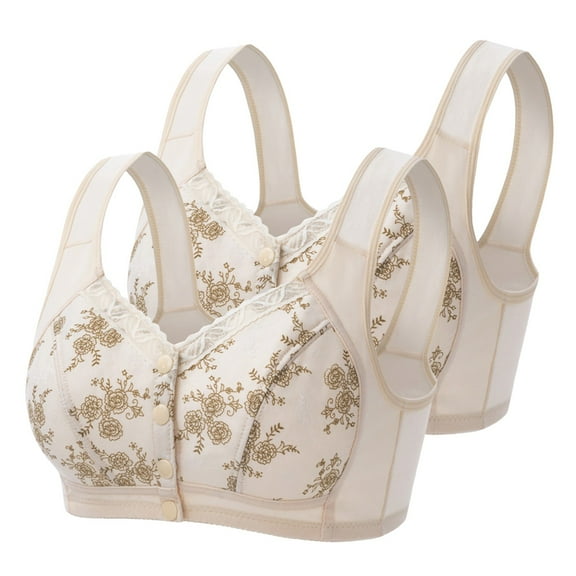 Crunowin Women's Front Button Bra 2 Pack, Breathable Comfort Traceless No Underwire Solid Color Plus Size Daily Underwear Beige XXL
