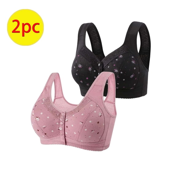Crunowin Women's Front Button Bra 2 Pack, Breathable Comfort Traceless No Underwire Solid Color Plus Size Daily Underwear Hot Pink M