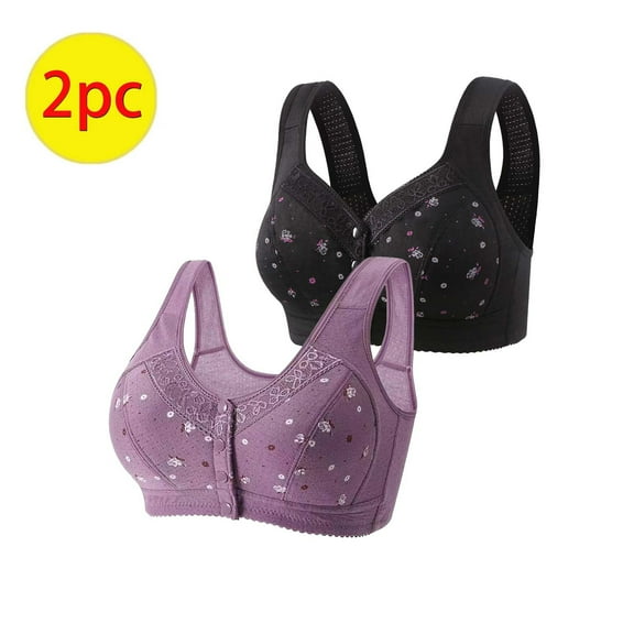 Crunowin Women's Front Button Bra 2 Pack, Solid Color Plus Size Traceless No Underwire Breathable Comfort Daily Underwear Purple S