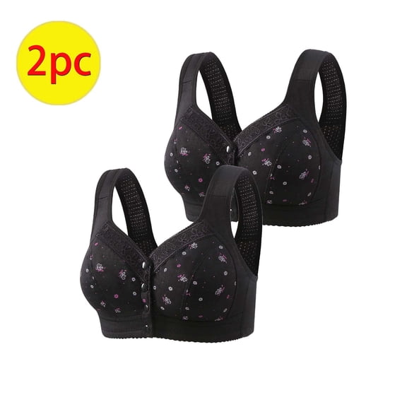 Crunowin Women's Front Button Bra 2 Pack, Traceless No Underwire Breathable Comfort Solid Color Plus Size Daily Underwear Black XXL