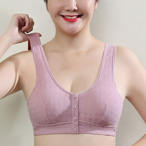 Crunowin Women's Front Button Bra, Comfort Wire Free Breathable Traceless Solid Color Daily Underwear Purple XL