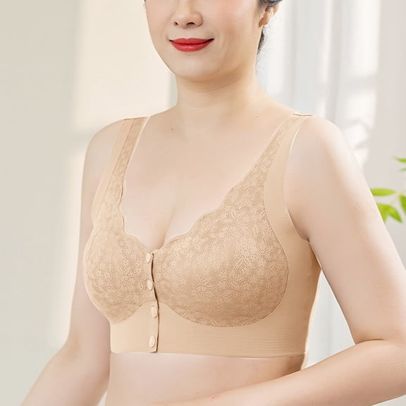Crunowin Women's Front Button Bra, Solid Color Comfort Wire Free Breathable Traceless Daily Underwear Beige XL