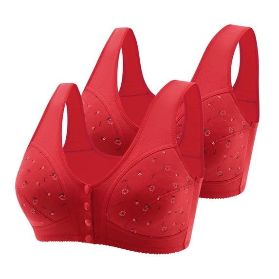Crunowin Women's Front Closure Bra 2 Pack, Push Up Wire Free Comfort Solid Color Breathable Lingerie Everyday Underwear Red L(38/85)