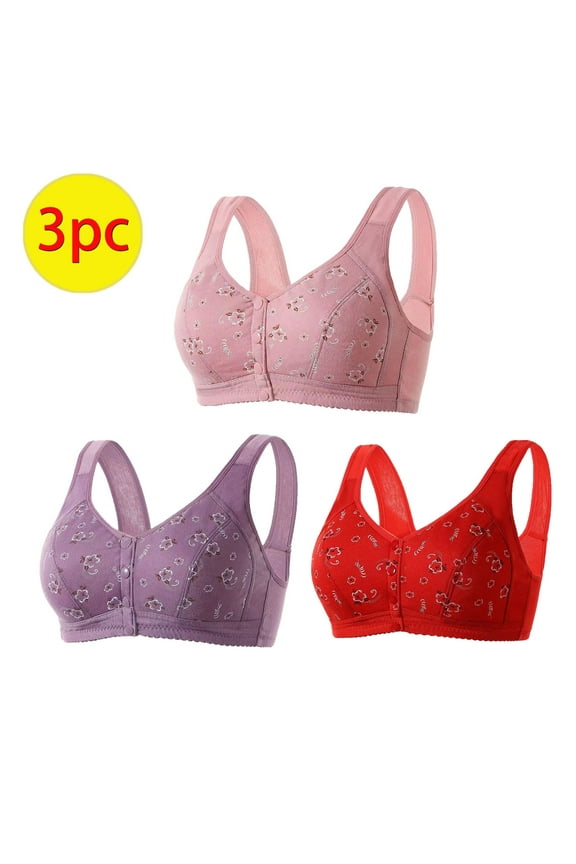 Women's Front Closure Bra 3 Pack, Wire Free Comfort Breathable Lingerie Plus Size Push Up Everyday Underwear Hot Pink L