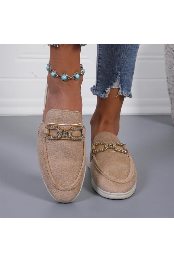 Women's Half Slippers, Trendy Comfortable Closures Design Ethnic Style All Match Flat Shoes Khaki