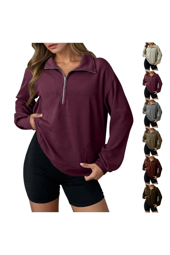 Women's Half Zip Sweatshirts, Long Sleeve Lapel Casual Sport Pullover Top Pink M