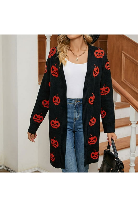 Women's Halloween Cardigan Sweater, Long Sleeve Loose Fit Comfort Wear Pumpkin Printed Casual Pullover Tops Black L