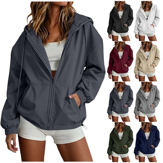 Crunowin Women’s Hooded Waterproof Windbreaker Adjustable Drawstring Multiple Functional Pockets Lightweight Casual Outdoor Jacket Black Size L